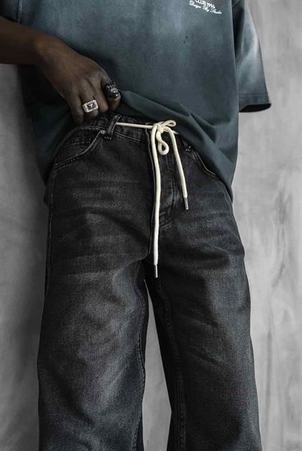 Erkek Bağcıklı Şerit Detaylı Baggy Jean Siyah