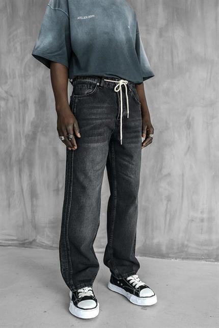 Erkek Bağcıklı Şerit Detaylı Baggy Jean Siyah