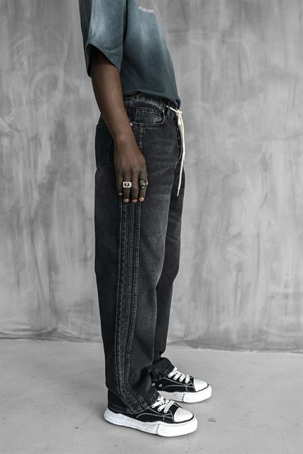 Erkek Bağcıklı Şerit Detaylı Baggy Jean Siyah