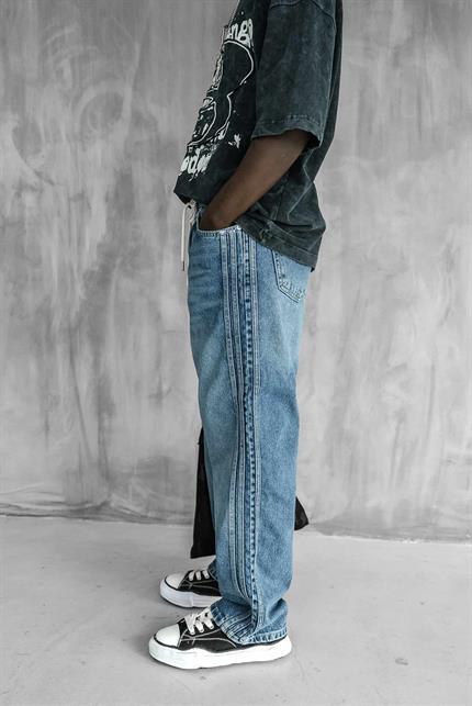 Erkek Bağcıklı Şerit Detaylı Baggy Jean Mavi