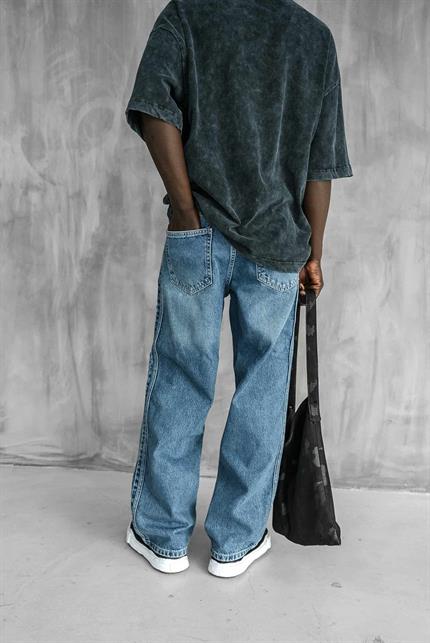 Erkek Bağcıklı Şerit Detaylı Baggy Jean Mavi