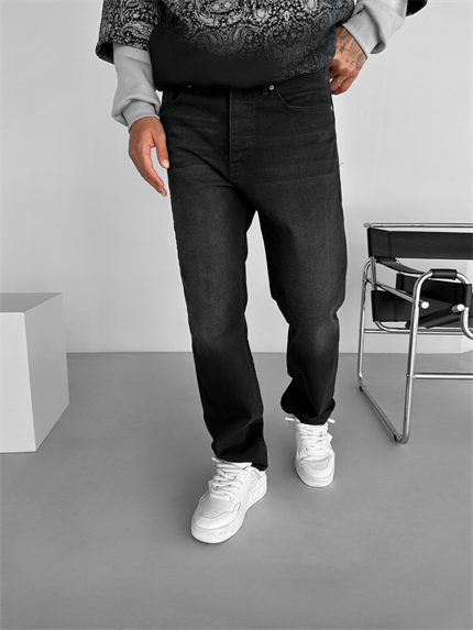 Erkek Baggy Fit %100 Pamuk Basic Jean Pantolon Siyah