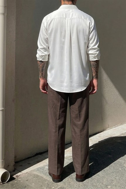 Erkek Baggy Fit Asimetrik Pileli Tencel Pantolon Kahverengi