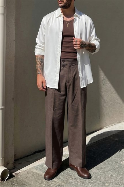 Erkek Baggy Fit Asimetrik Pileli Tencel Pantolon Kahverengi