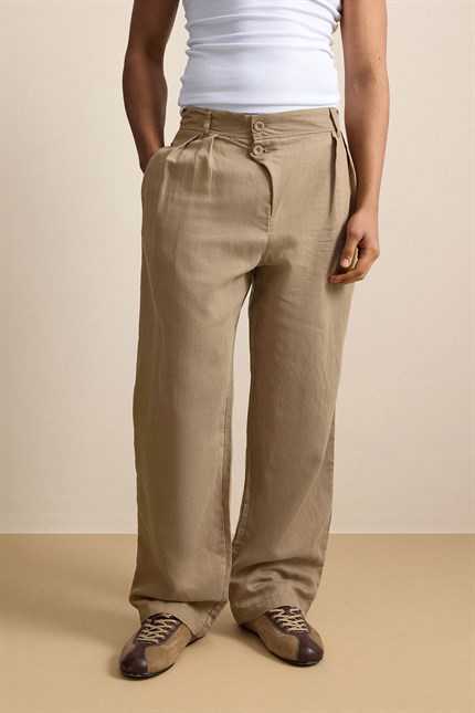 Erkek Baggy Fit Asimetrik Pileli Tencel Pantolon Bej