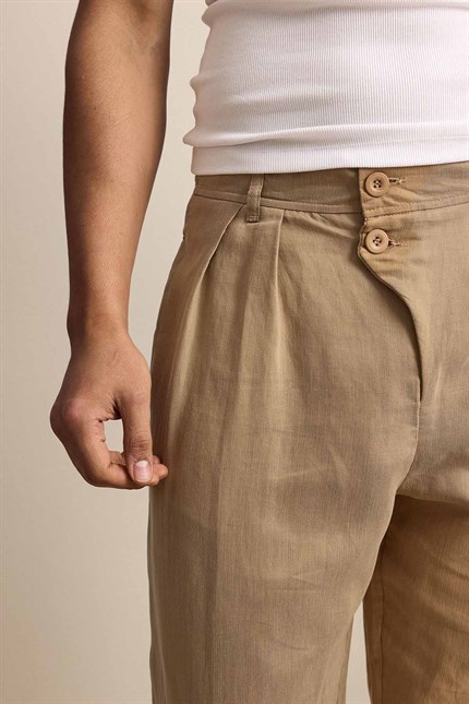 Erkek Baggy Fit Asimetrik Pileli Tencel Pantolon Bej