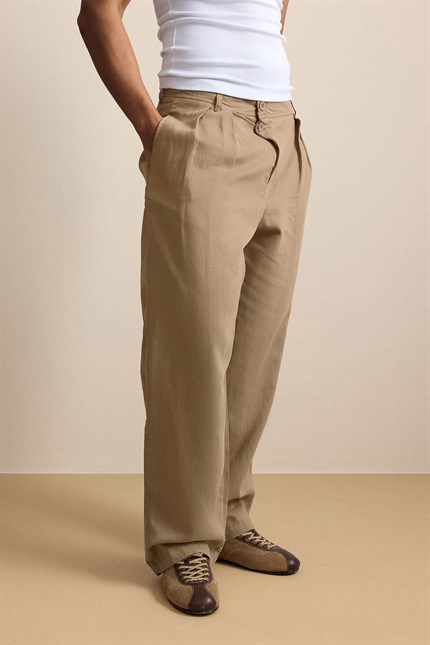 Erkek Baggy Fit Asimetrik Pileli Tencel Pantolon Bej