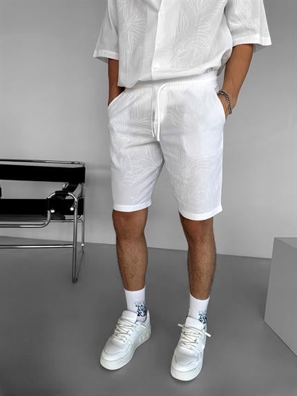 Erkek Baggy Fit Baskılı Şort Beyaz