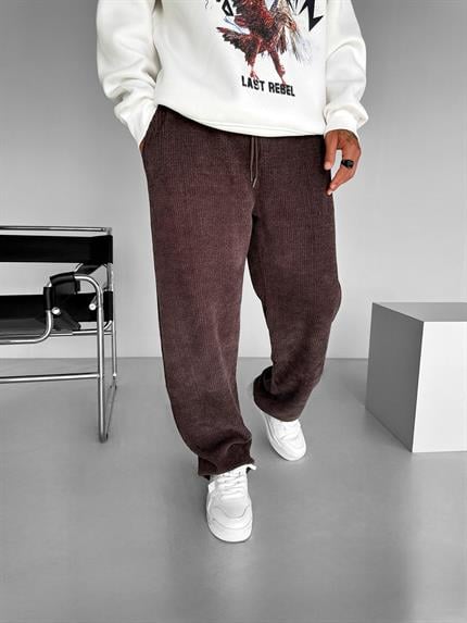 Erkek Baggy Fit Beli Lastikli Rahat Dokulu Örme Pantolon Kahverengi