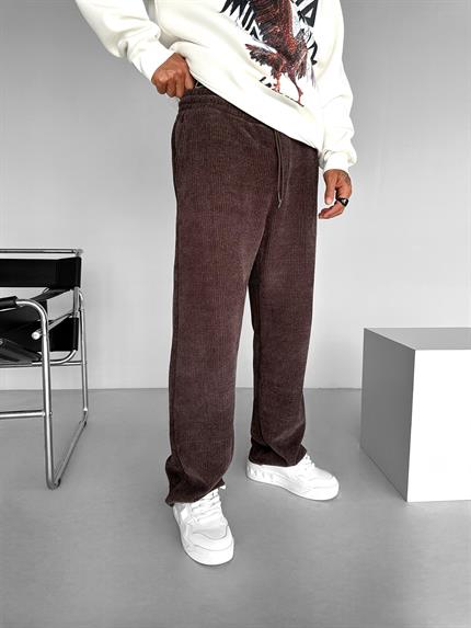 Erkek Baggy Fit Beli Lastikli Rahat Dokulu Örme Pantolon Kahverengi