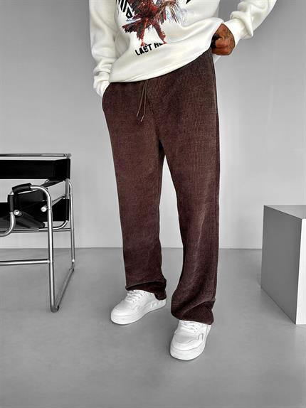 Erkek Baggy Fit Beli Lastikli Rahat Dokulu Örme Pantolon Kahverengi