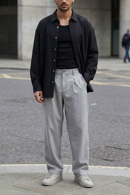 Erkek Baggy Fit Beli Lastikli Rahat Pantolon Gri Melanj