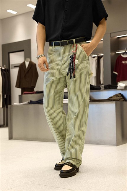 Erkek Baggy Fit Çizgili Jean Pantolon Bej