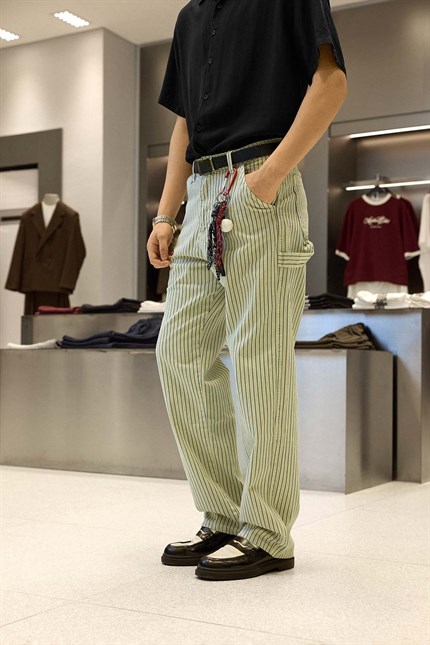 Erkek Baggy Fit Çizgili Jean Pantolon Bej