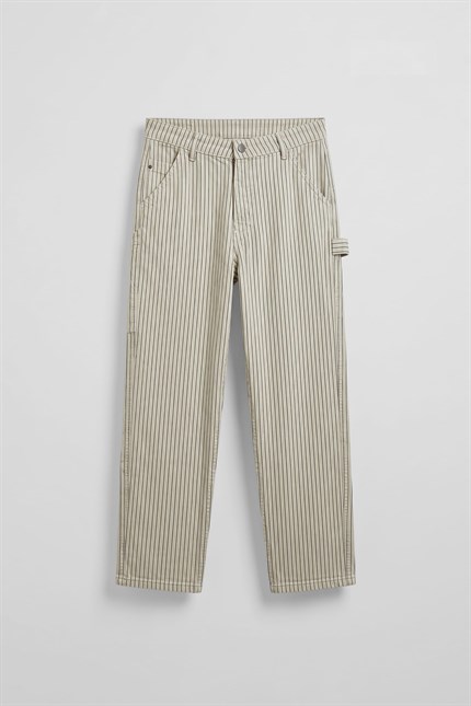 Erkek Baggy Fit Çizgili Jean Pantolon Bej
