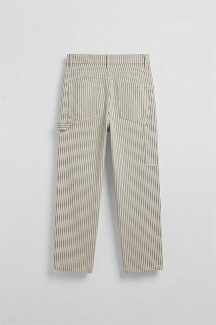 Erkek Baggy Fit Çizgili Jean Pantolon Bej
