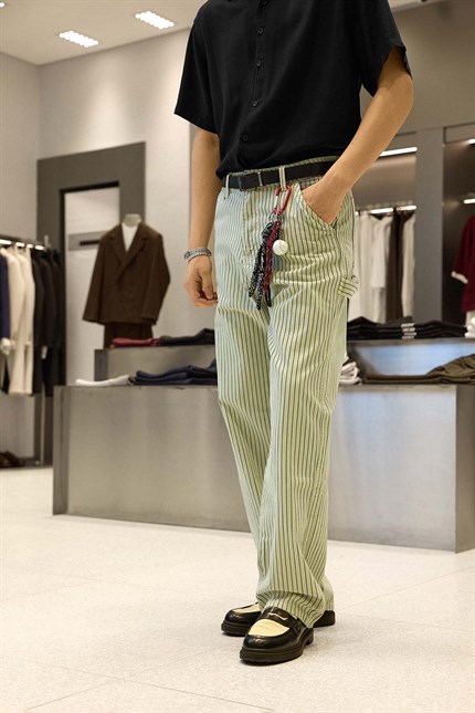 Erkek Baggy Fit Çizgili Jean Pantolon Bej