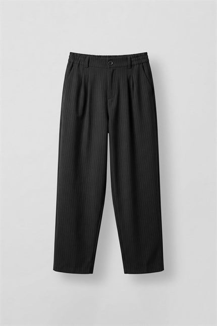 Erkek Baggy Fit Çizgili Pamuklu Kumaş Pantolon Siyah