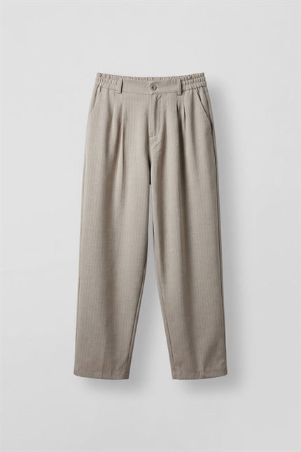 Erkek Baggy Fit Çizgili Pamuklu Kumaş Pantolon Taş Rengi