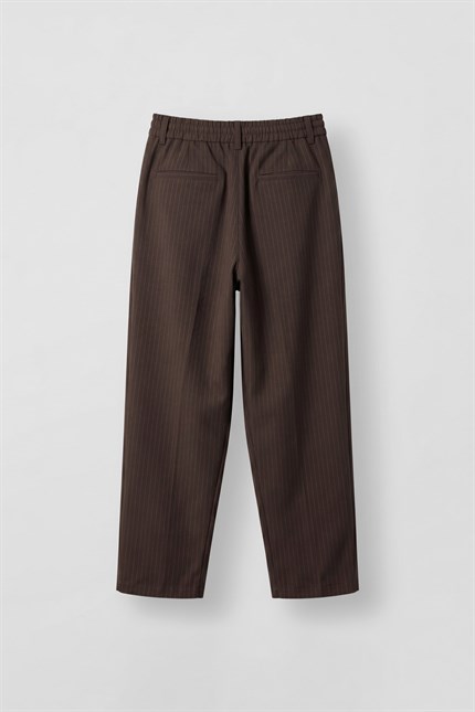 Erkek Baggy Fit Çizgili Pamuklu Kumaş Pantolon Kahverengi
