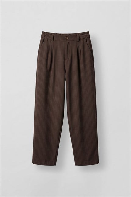 Erkek Baggy Fit Çizgili Pamuklu Kumaş Pantolon Kahverengi