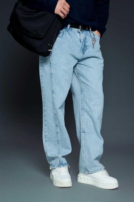 Erkek Baggy Fit Dikiş Detaylı Jean Pantolon Açık Mavi