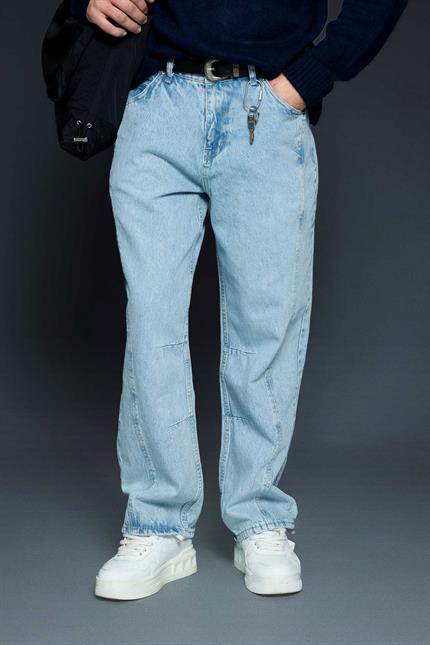 Erkek Baggy Fit Dikiş Detaylı Jean Pantolon Açık Mavi