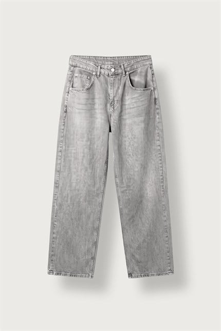 Erkek Baggy Fit Düz Yıkamalı Jean Pantolon Gri