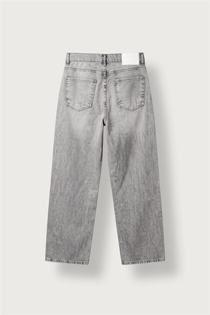 Erkek Baggy Fit Düz Yıkamalı Jean Pantolon Gri