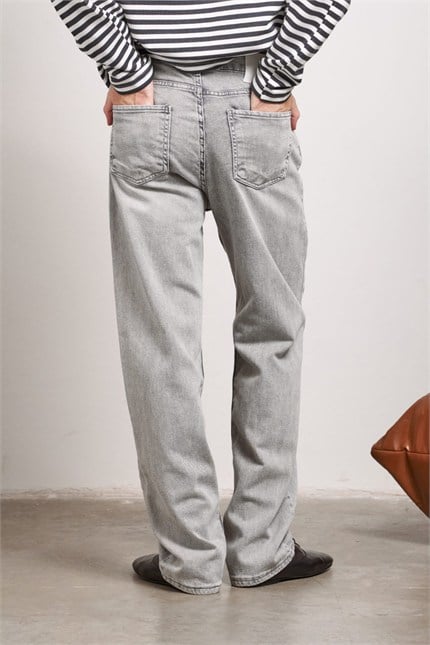 Erkek Baggy Fit Düz Yıkamalı Jean Pantolon Gri