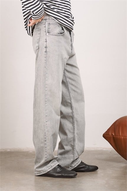 Erkek Baggy Fit Düz Yıkamalı Jean Pantolon Gri