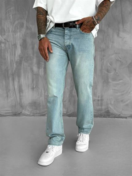 Erkek Baggy Fit Eskitilmiş Jean Pantolon Buz Mavi