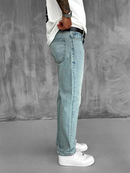 Erkek Baggy Fit Eskitilmiş Jean Pantolon Buz Mavi