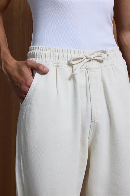 Erkek Baggy Fit Gabardin Kumaş Pantolon Ekru