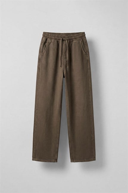 Erkek Baggy Fit Gabardin Kumaş Pantolon Kahverengi