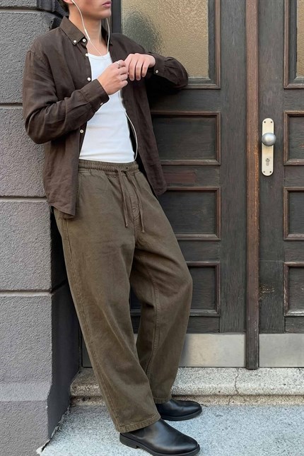 Erkek Baggy Fit Gabardin Kumaş Pantolon Kahverengi