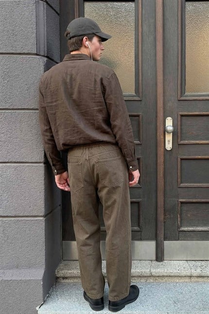 Erkek Baggy Fit Gabardin Kumaş Pantolon Kahverengi