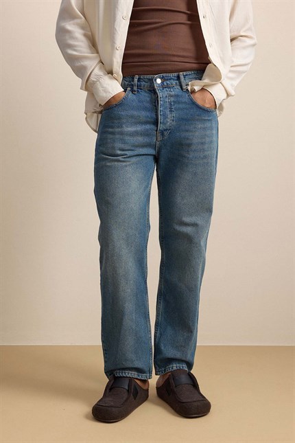 Erkek Baggy Fit Hafif Kontrast Yıkamalı Jean Pantolon Mavi