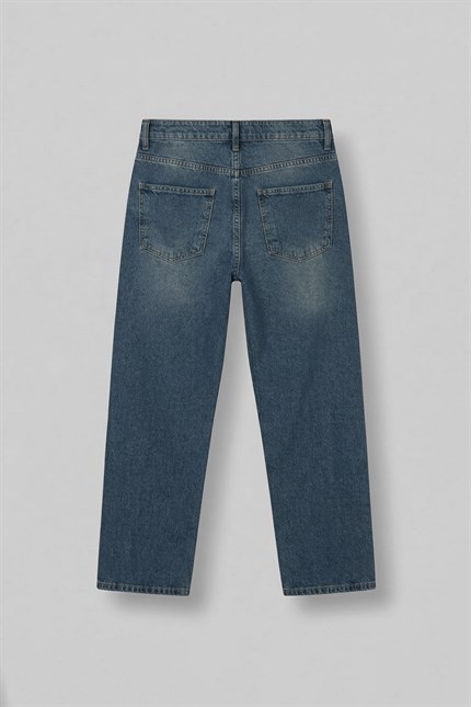Erkek Baggy Fit Hafif Kontrast Yıkamalı Jean Pantolon Mavi