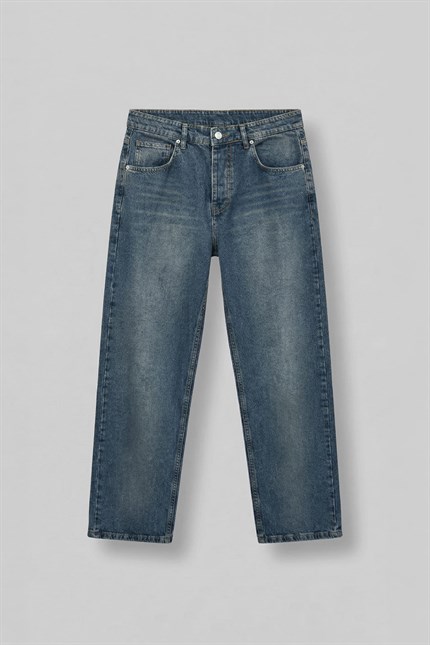 Erkek Baggy Fit Hafif Kontrast Yıkamalı Jean Pantolon Mavi