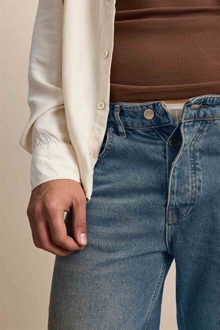 Erkek Baggy Fit Hafif Kontrast Yıkamalı Jean Pantolon Mavi