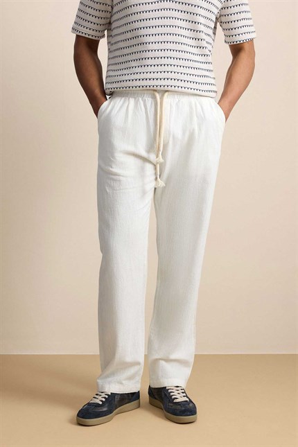 Erkek Baggy Fit Halat Kordonlu Keten Görünümlü Pantolon Ekru