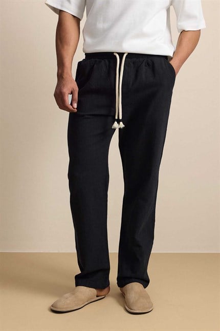 Erkek Baggy Fit Halat Kordonlu Keten Görünümlü Pantolon Siyah