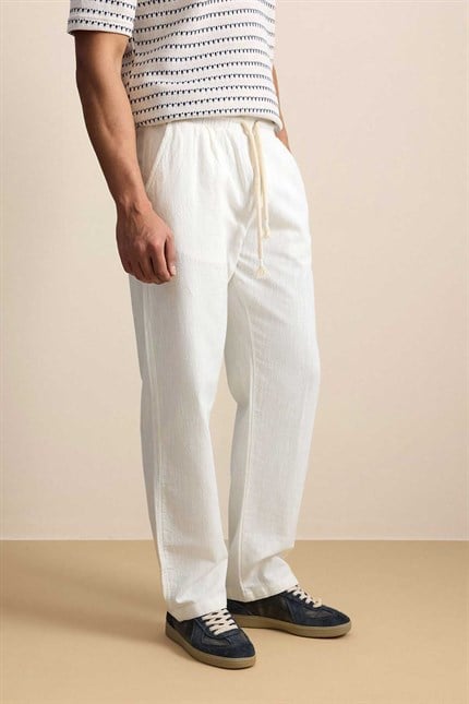 Erkek Baggy Fit Halat Kordonlu Keten Görünümlü Pantolon Ekru