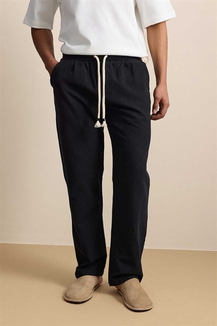Erkek Baggy Fit Halat Kordonlu Keten Görünümlü Pantolon Siyah