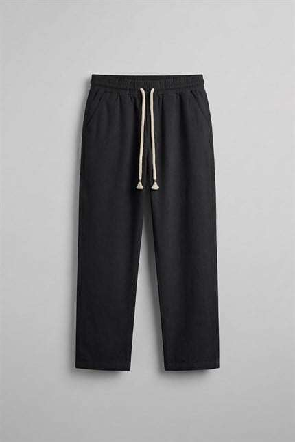 Erkek Baggy Fit Halat Kordonlu Keten Görünümlü Pantolon Siyah