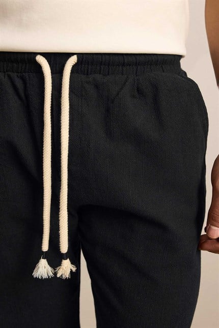 Erkek Baggy Fit Halat Kordonlu Keten Görünümlü Pantolon Siyah