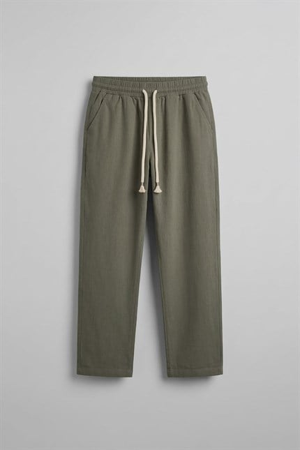 Erkek Baggy Fit Halat Kordonlu Keten Görünümlü Pantolon Haki
