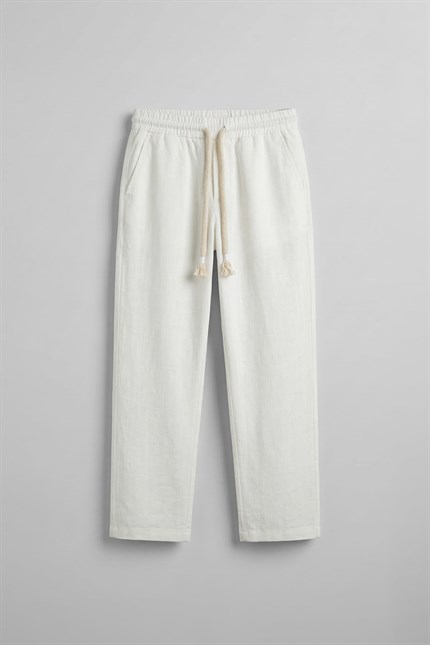 Erkek Baggy Fit Halat Kordonlu Keten Görünümlü Pantolon Ekru