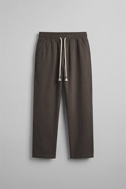 Erkek Baggy Fit Halat Kordonlu Keten Görünümlü Pantolon Kahverengi